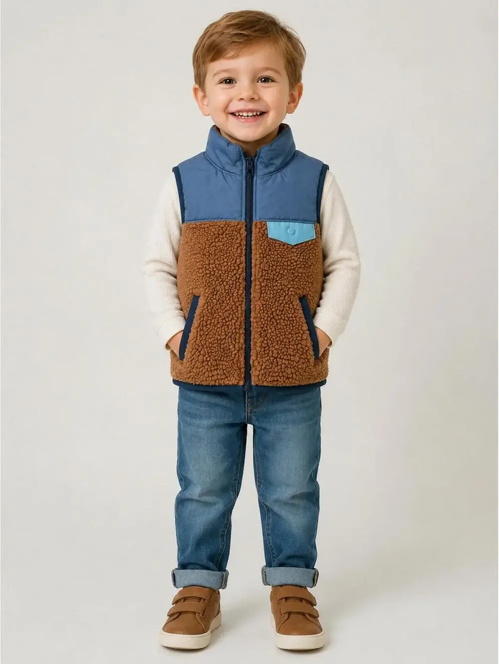 Carter’s 3T Sherpa‎ Fleece Vest Blue Brown Zip Front Toddler Boys